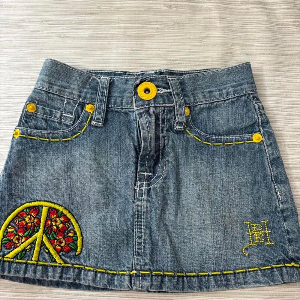 VINTAGE ED HARDY KIDS 2 YEARS peace sign denim skirt blue and white emboridered